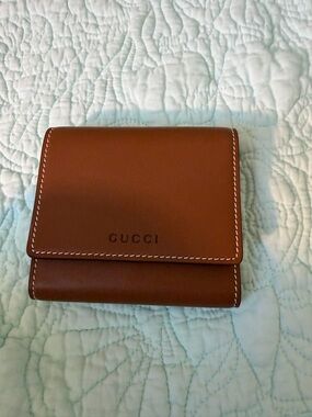Gucci Brown Leather Compact Wallet with White Stitching